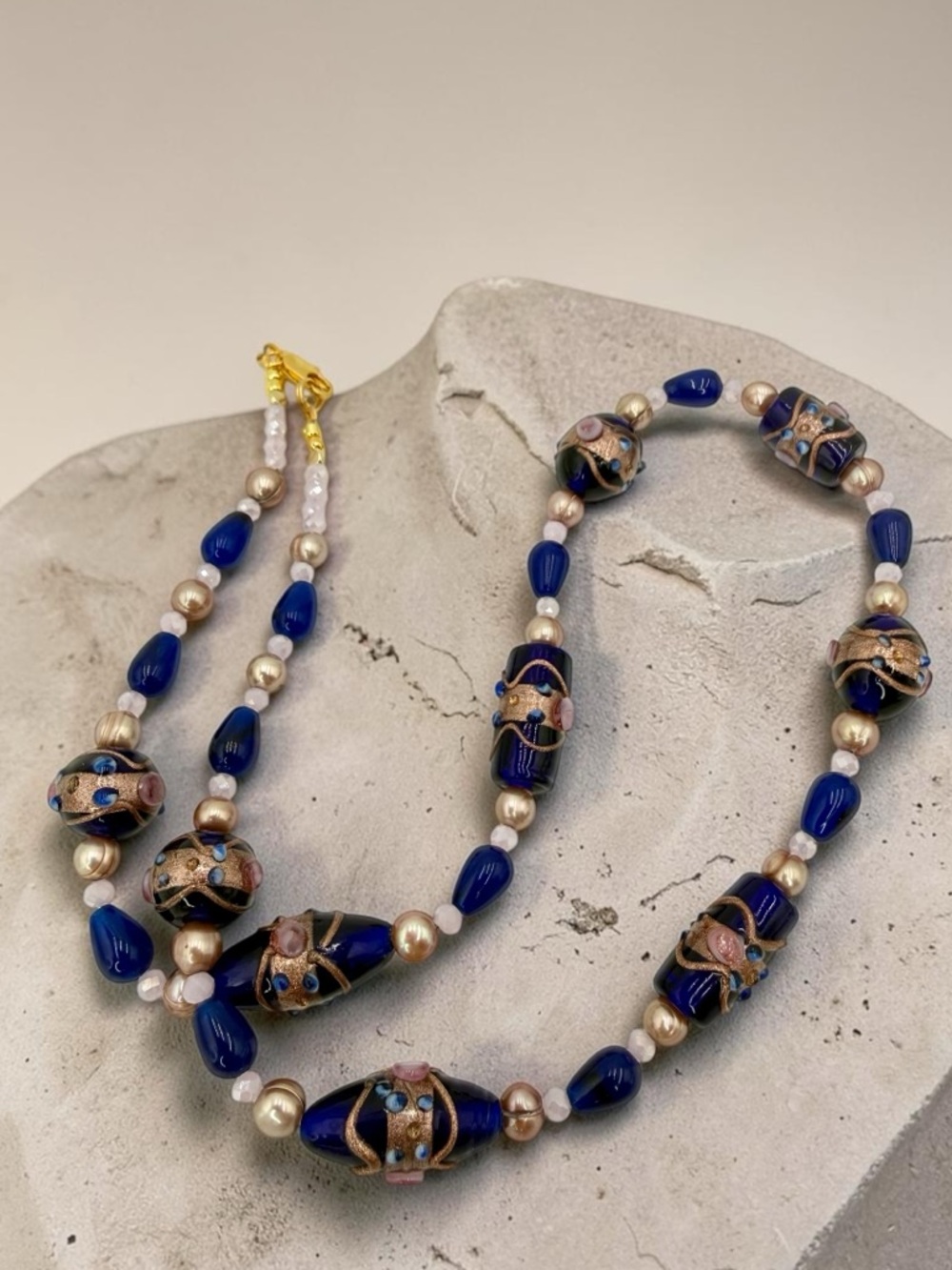 Venetian Wedding Cake Bead Necklace Blue Jade Genuine Pearl Pink Crystal 20” - Picture 16 of 17